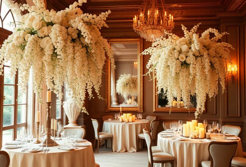 Salão decorado com flores brancas e lustres